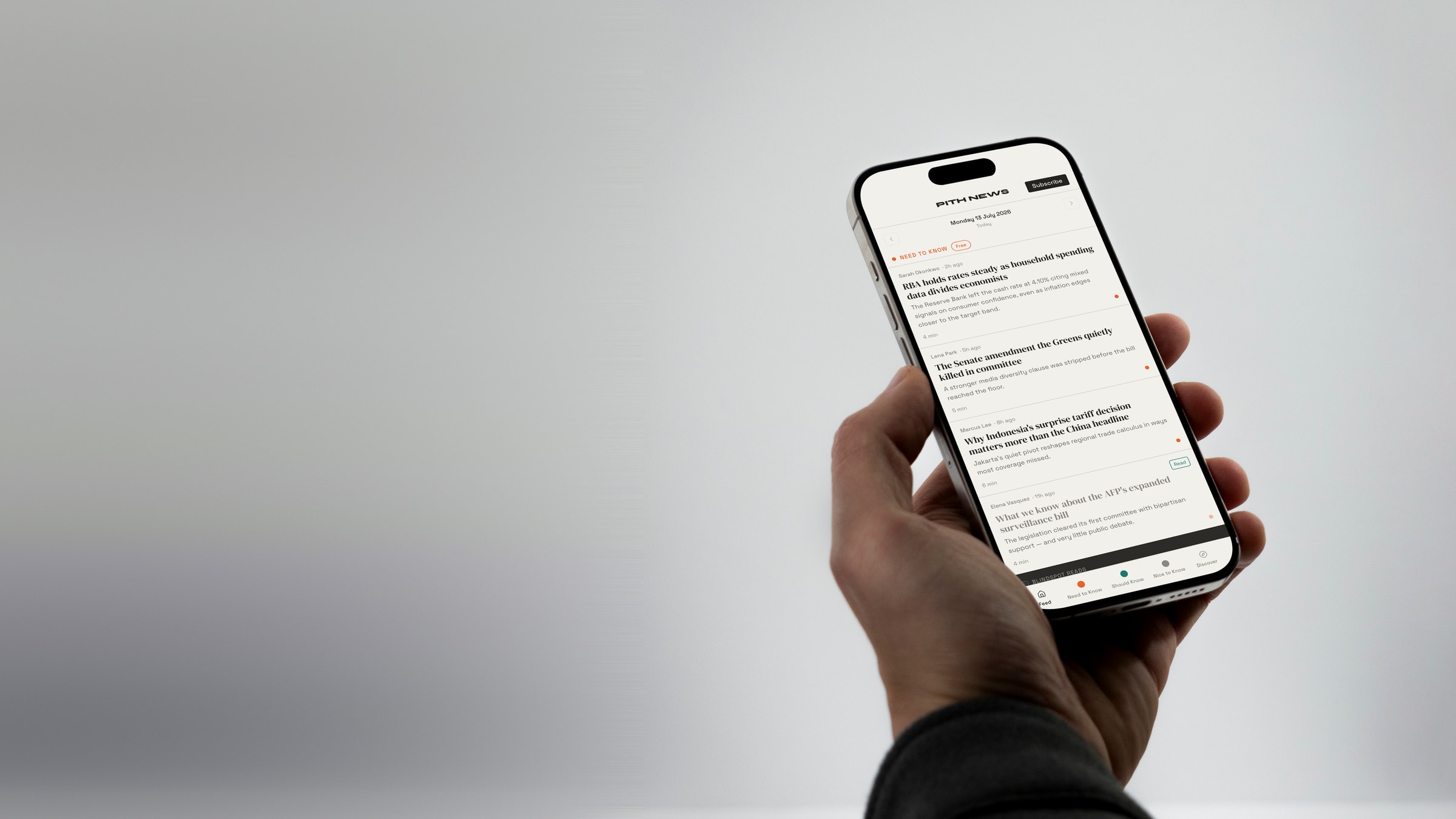 A reader holding a phone showing the Pith News feed: Need to Know stories, marked free, with bylines and read times.